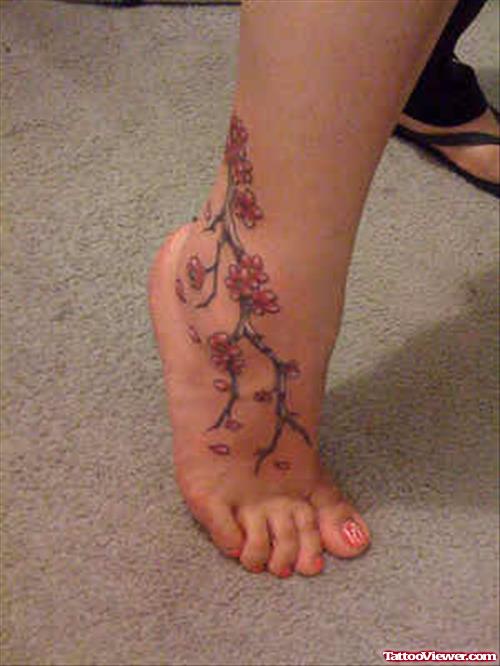 Cherry Blossom Flowers Tattoo On Right Foot