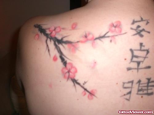 Cherry Blossom Flowers Tattoo On Back Shoulder