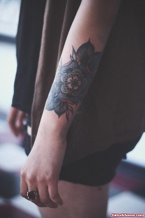 Blue Ink Flower Tattoo Design On Half Sleeve