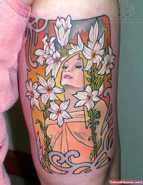 Beautiful Flowers And Girl Tattoo On Bicep