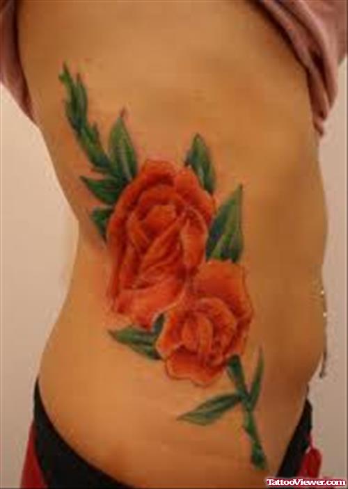 Red Rose Tattoo On Rib