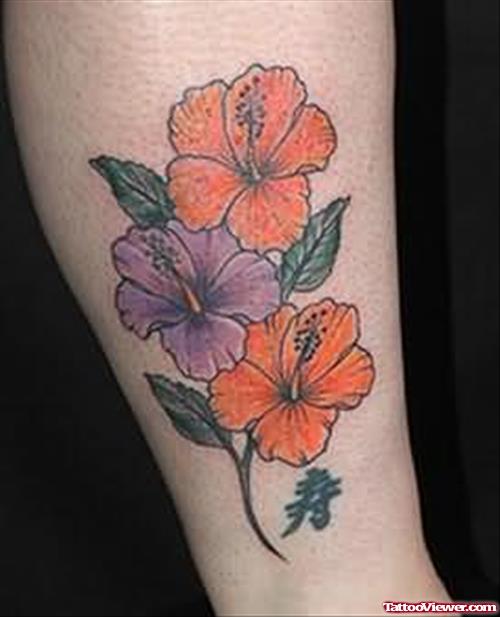 Hibiscus Orange Flower Tattoo On Leg