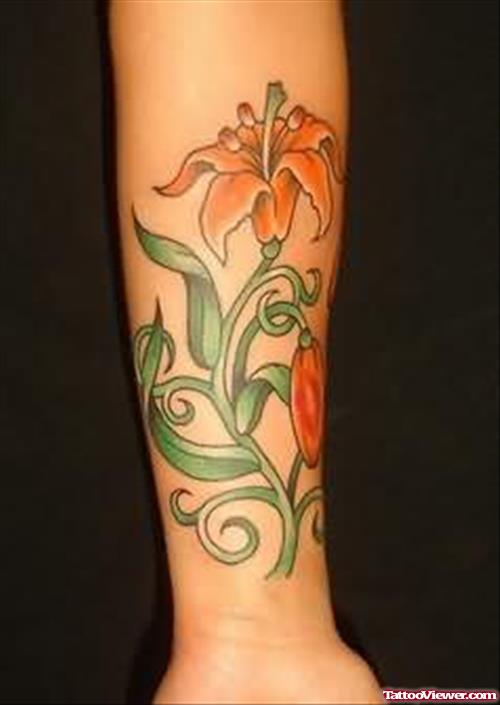Lily Orange Flower Tattoo On Arm