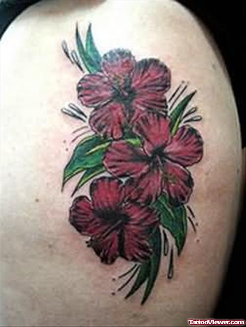 Hibiscus Red Flowers Tattoo On Shoulder
