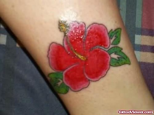 Hibiscus Red Flower Tattoo On Leg