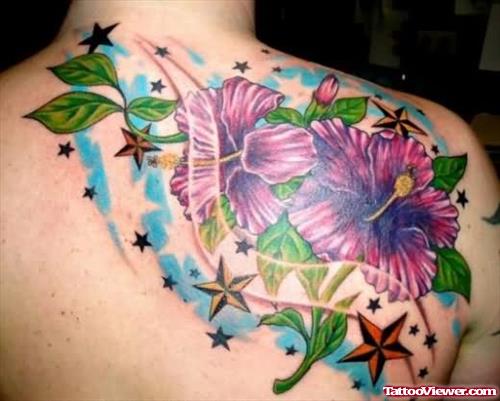Stars And Flower Tattoo On Back Shoulder