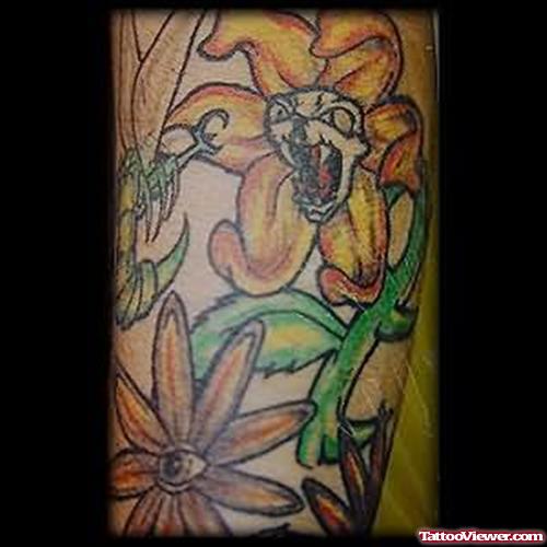 Funny Flower Tattoo On Leg