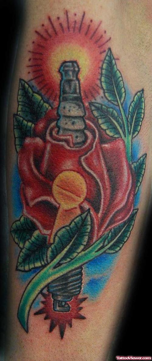 Spark Plug and Red Rose Flower Tattoo on Arm