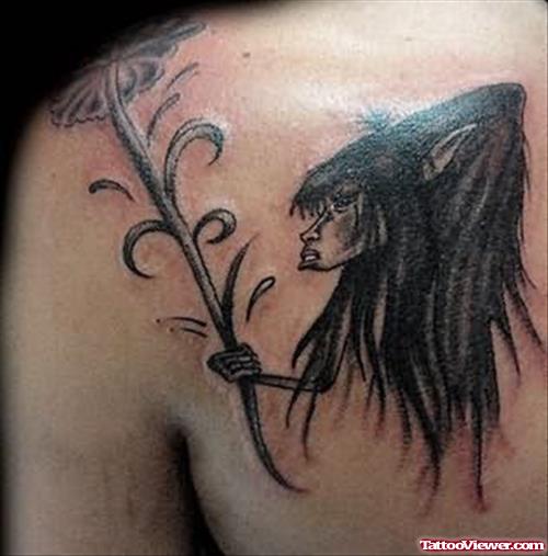 Girl And Flower Tattoo On Back Shoulder