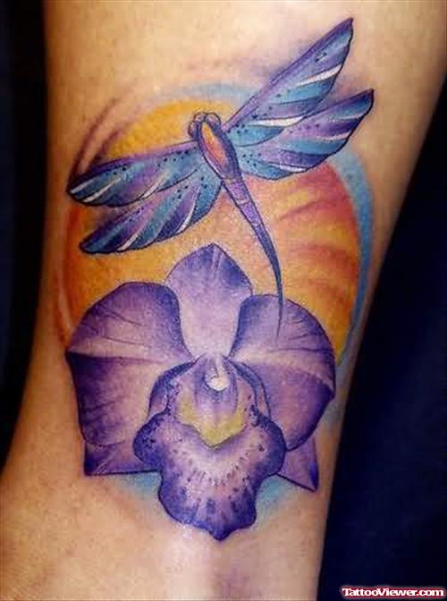 Colorful Dragonfly And Flower Tattoo