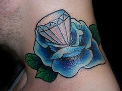 Diamond And Blue Rose Flower Tattoo On Neck