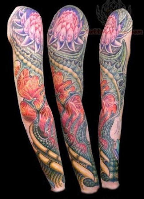 Awesome Colored Flower Tattoos On Sleeve