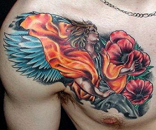 Angel And Flower Tattoos On Chest
