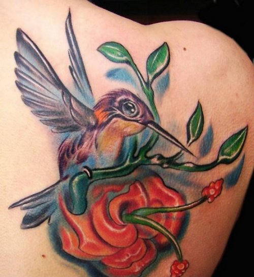 Color Hummingbird and Flower Tattoo On Right Back Shoulder