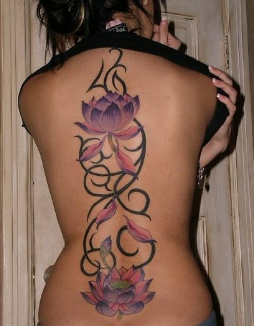 Tribal And Lotus Flower Tattoo On Back