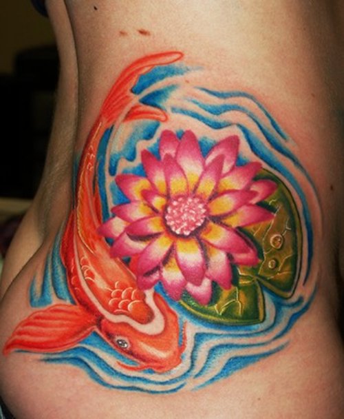 Colored Japanese Koi And Flower Tattoo