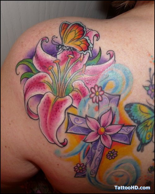 Awesome Colored Flowers Tattoos On Back Shoulder