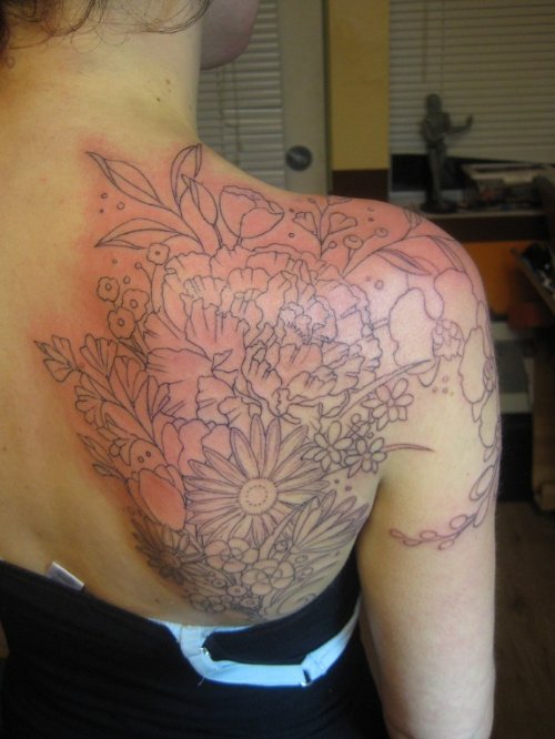 Outline Flower Tattoos On Right Back SHoulder