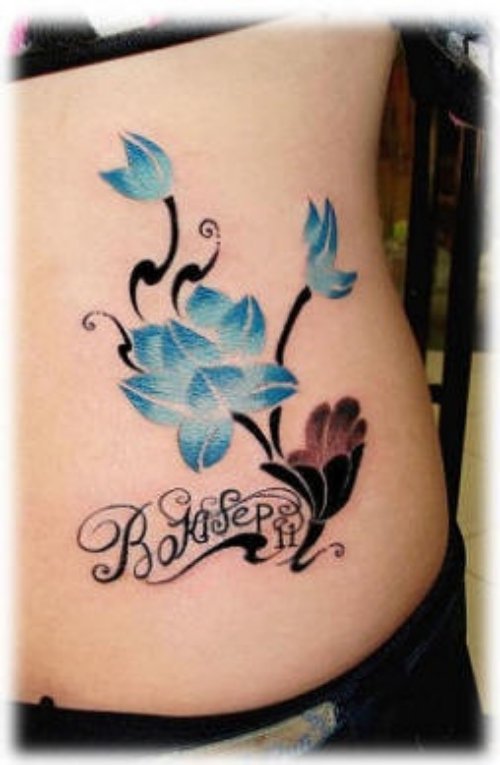 Blue Ink Flower Tattoo On Side