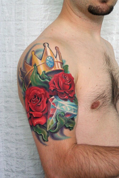 Colored Crown And  Flower Tattoo On Right Shoulder
