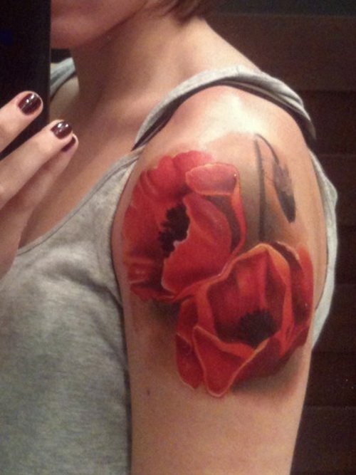 Red Flower Tattoos On Left Shoulder