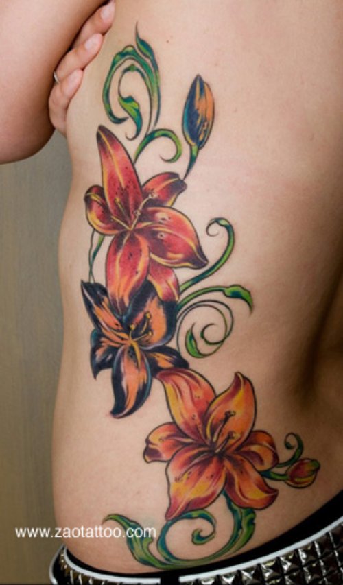 Girl Rib side Lily Flower Tattoos