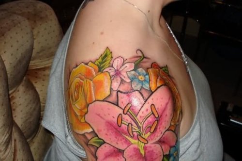 Pink Flower Tattoo On Shoulder
