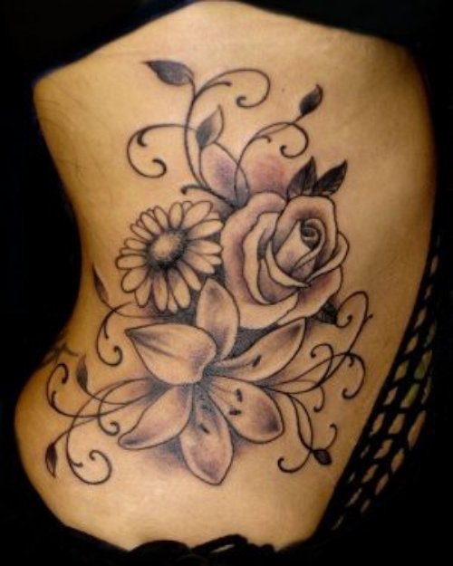 Awesome Grey Ink Flowers Tattoos On Side Rib