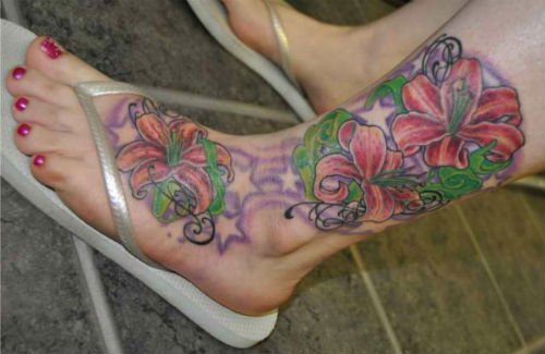 Color Flowers Tattoos On Ankle For Girls