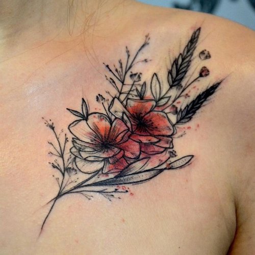 Watercolor Flower Tattoo On Front Shoulder
