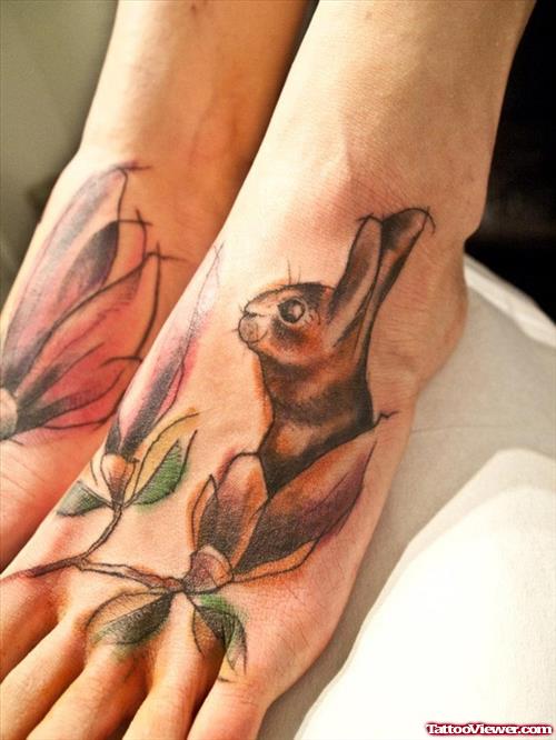 Flower And Rabbit Foot Tattoo