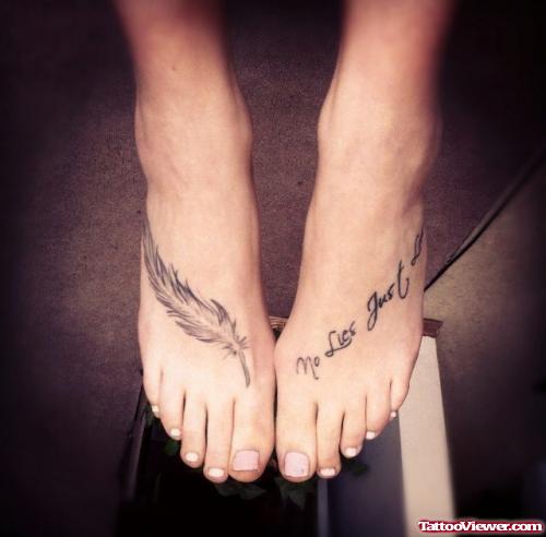 Feather And Lettering Tattoo On Feet