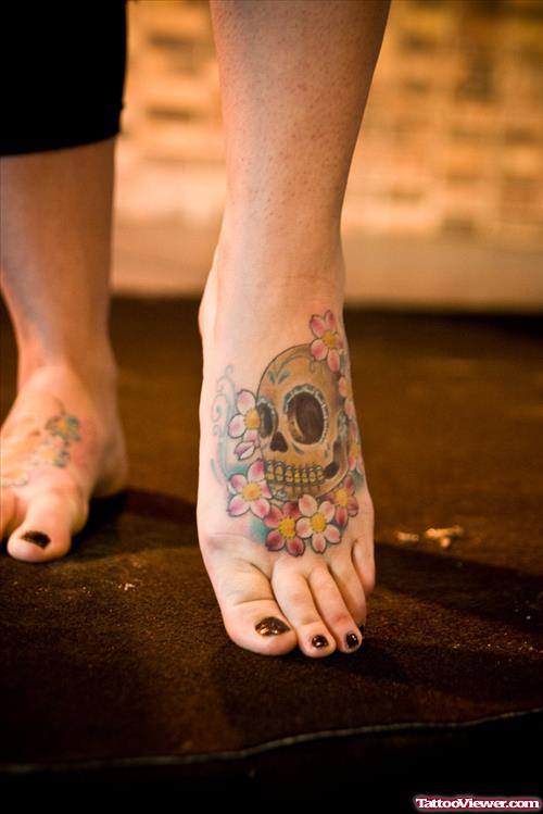 Colored Skull And Flowers Left Foot Tattoo