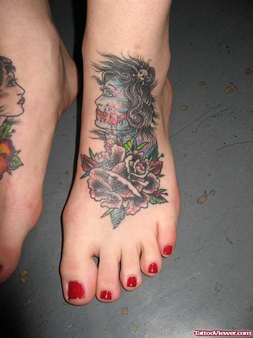Zombie And Colored Flower Foot Tattoo
