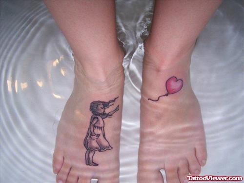 Grey Ink Girl And Heart Balloon Tattoos On Feet