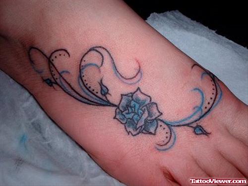 Blue Ink Rose Flower Foot Tattoo