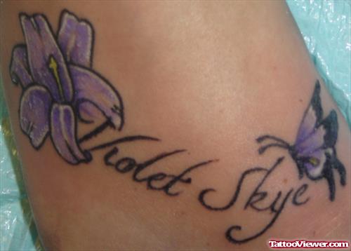 Awesome Purple Flower And Butterfly Foot Tattoo