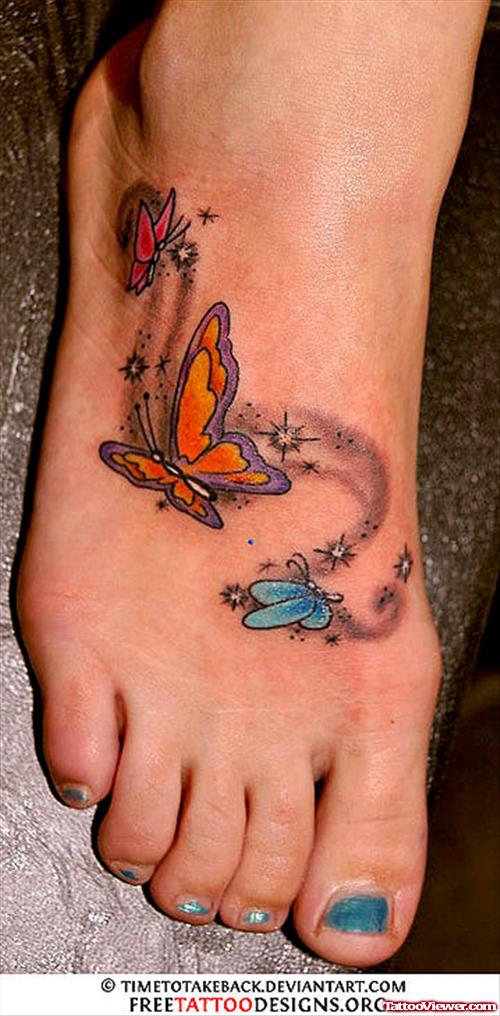 Amazing Colored Butterfly Right Foot Tattoo