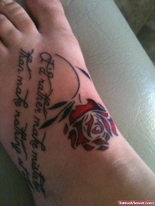 Red Rose Flower And Lettering Foot Tattoo