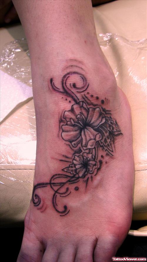 Grey Ink Flowers Foot Tattoo