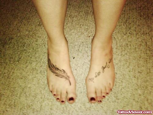 Beautiful Lettering And Feather Foot Tattoo