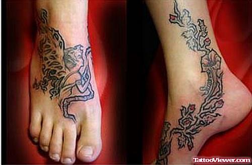 Grey Ink Flowers Tree Foot Tattoo