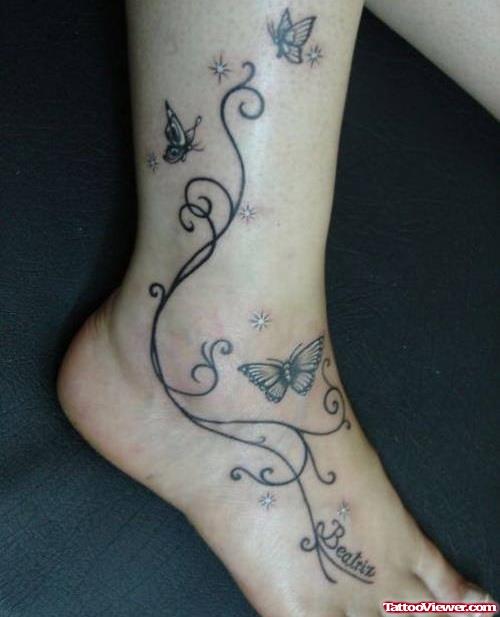 Classic Grey Ink Butterflies Foot Tattoo