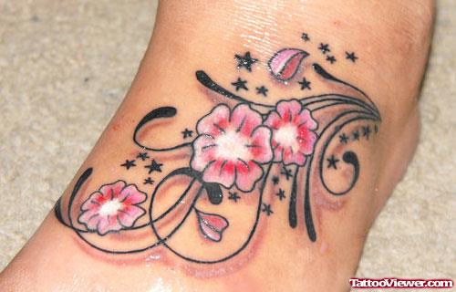 Awesome Pink Flowers Foot Tattoo