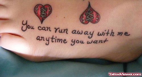 Red HEarts And Lettering Foot Tattoo