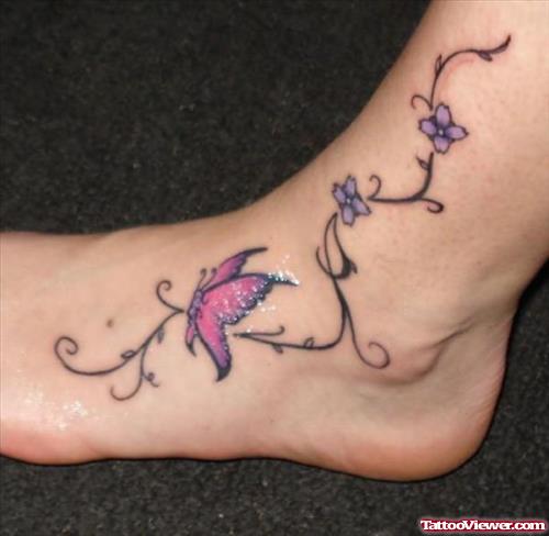 Purple Flower And Butterfly Foot Tattoo