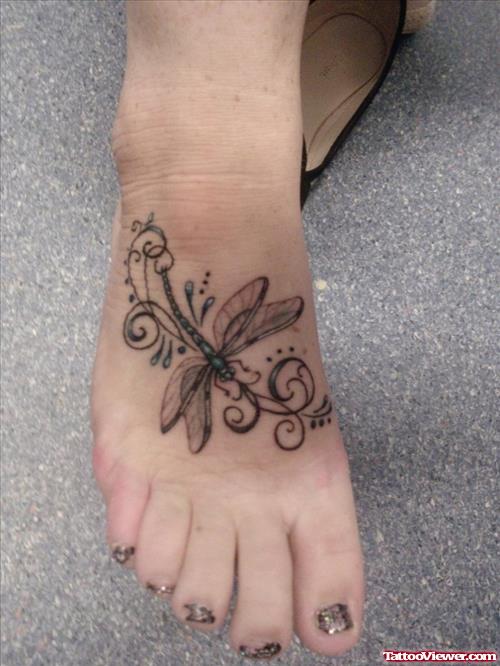 Grey Ink Dragonfly Foot Tattoo For Girls