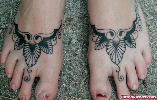 Grey Ink Leaves Foot Tattoos