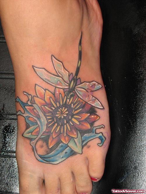 Color Flower And Dragonfly Foot Tattoo