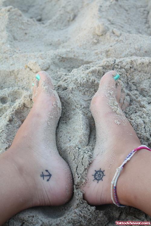 Stering Wheel And Anchor Foot Tattoos
